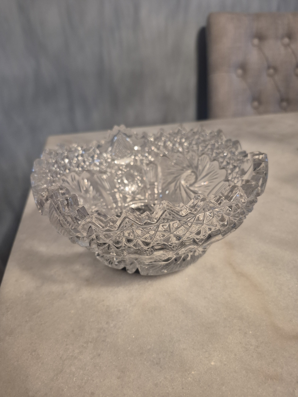 Vintage Glass Decorative Bowl - Clear Crystal Look With Sawblade Design